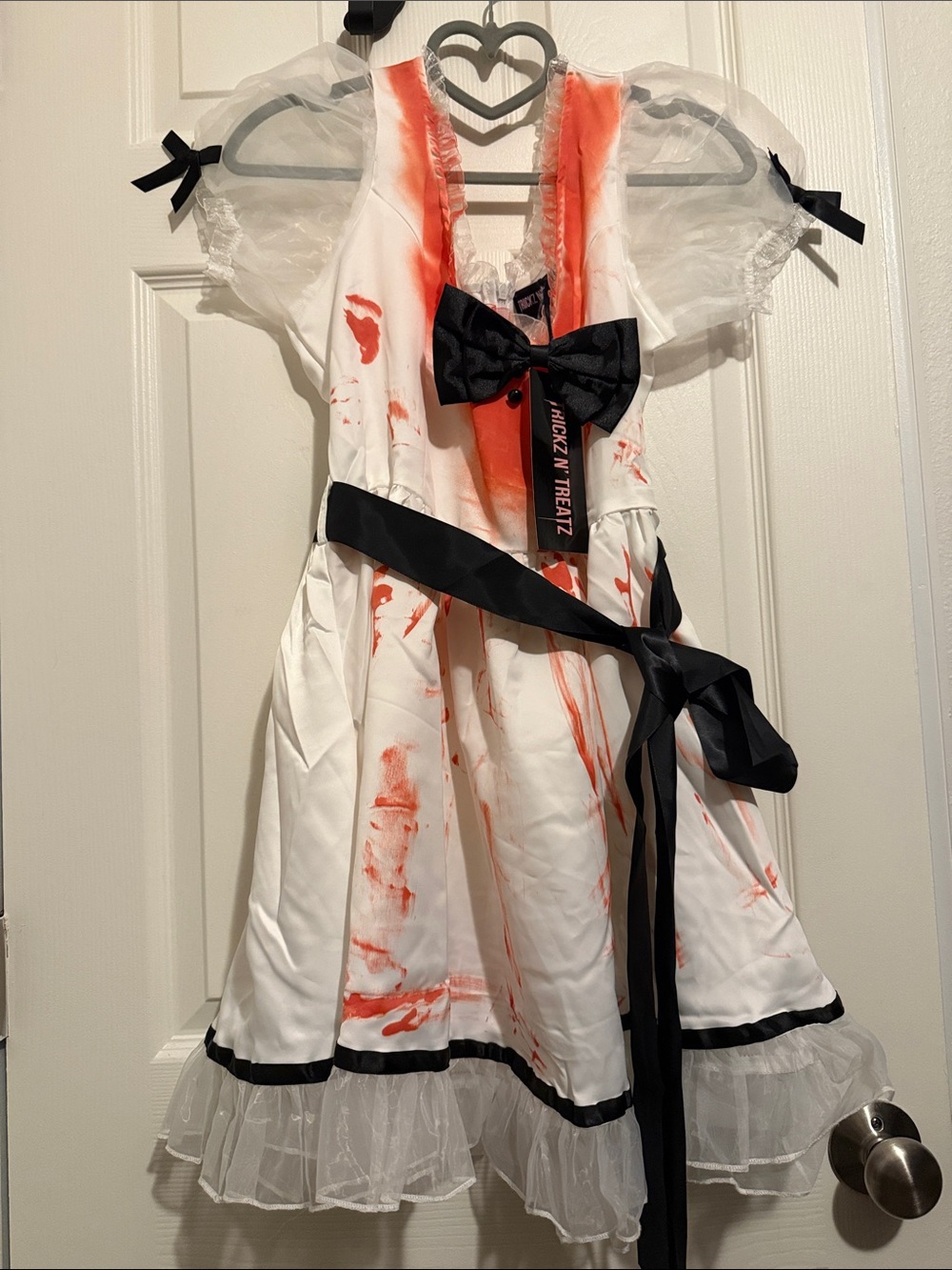 White & Black Blood-Splatter Mini Dress with Bow Accent